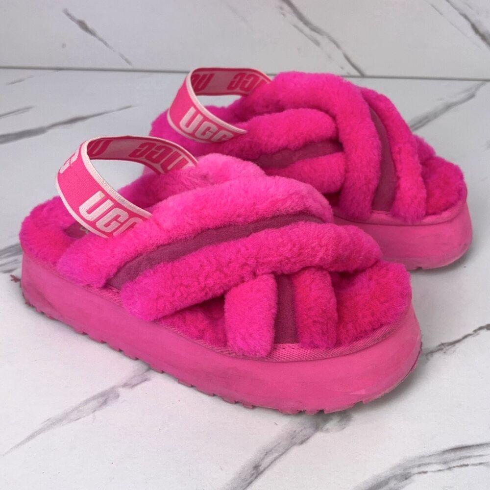 Womens UGG Disco Cross 1121550 Slide Sandals Taffy Pink Furry Platform Wedge 6